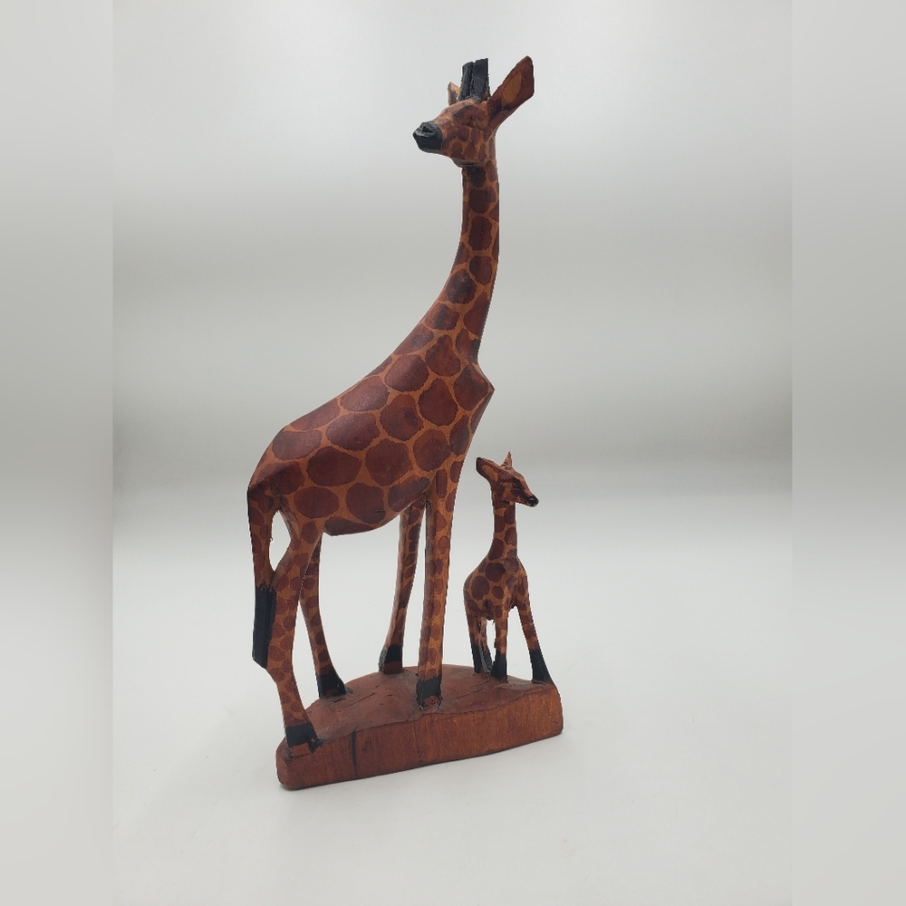 Giraffe Statue Mother and Baby Hand-Carved Wood